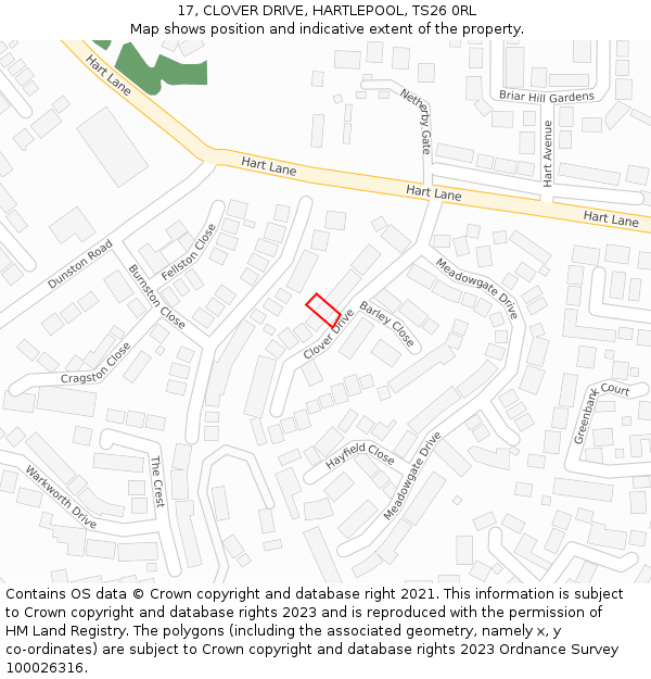 17, CLOVER DRIVE, HARTLEPOOL, TS26 0RL: Location map and indicative extent of plot