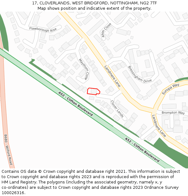 17, CLOVERLANDS, WEST BRIDGFORD, NOTTINGHAM, NG2 7TF: Location map and indicative extent of plot