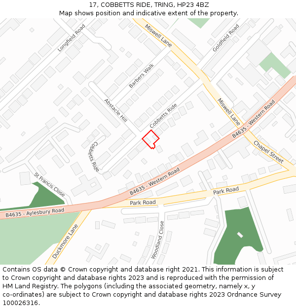 17, COBBETTS RIDE, TRING, HP23 4BZ: Location map and indicative extent of plot