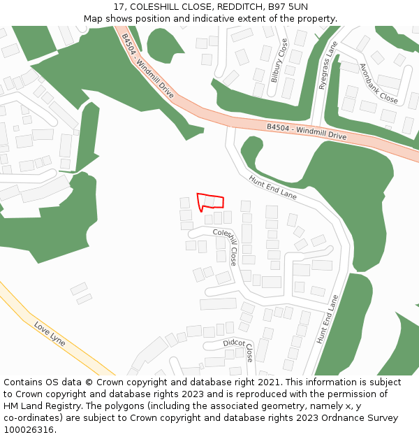 17, COLESHILL CLOSE, REDDITCH, B97 5UN: Location map and indicative extent of plot