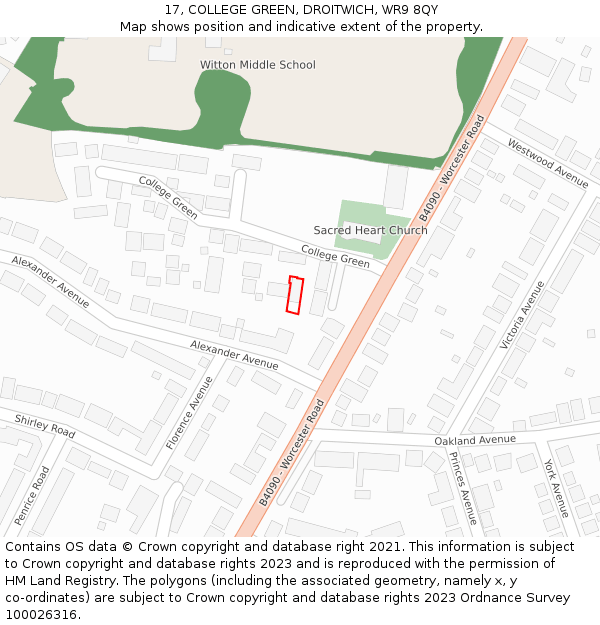 17, COLLEGE GREEN, DROITWICH, WR9 8QY: Location map and indicative extent of plot