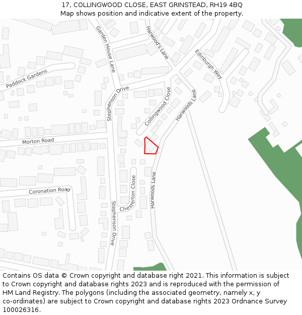 17, COLLINGWOOD CLOSE, EAST GRINSTEAD, RH19 4BQ: Location map and indicative extent of plot