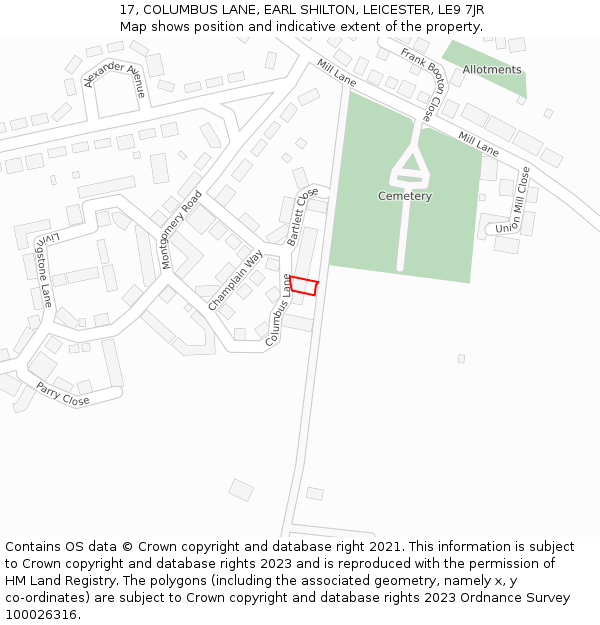 17, COLUMBUS LANE, EARL SHILTON, LEICESTER, LE9 7JR: Location map and indicative extent of plot