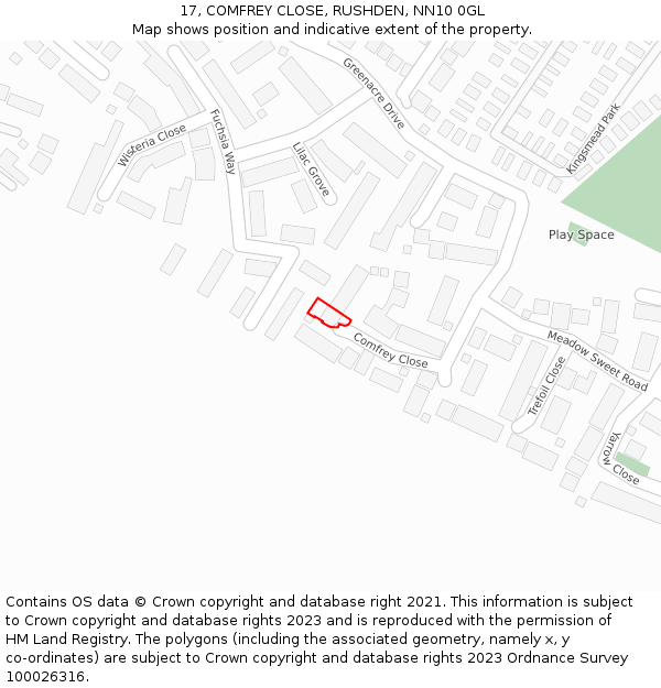 17, COMFREY CLOSE, RUSHDEN, NN10 0GL: Location map and indicative extent of plot
