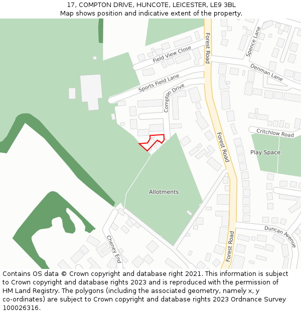17, COMPTON DRIVE, HUNCOTE, LEICESTER, LE9 3BL: Location map and indicative extent of plot
