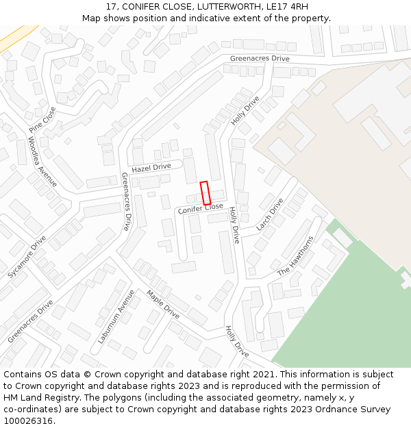 17, CONIFER CLOSE, LUTTERWORTH, LE17 4RH: Location map and indicative extent of plot