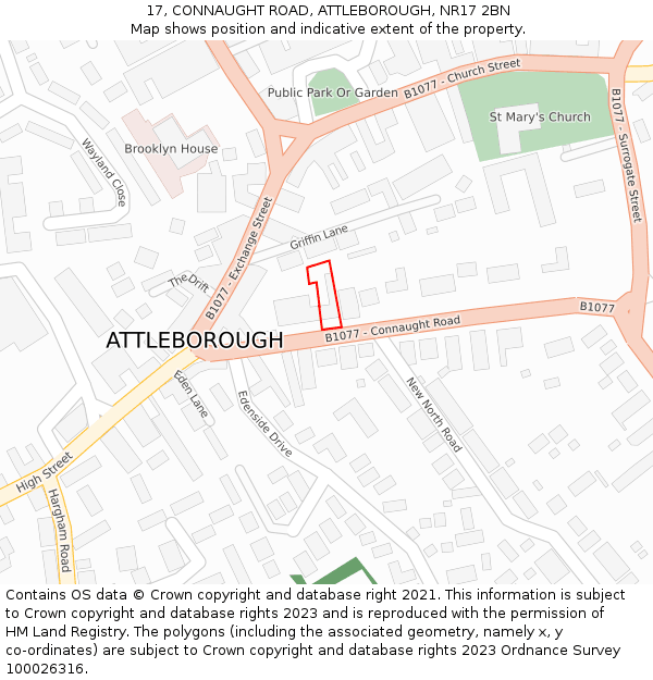 17, CONNAUGHT ROAD, ATTLEBOROUGH, NR17 2BN: Location map and indicative extent of plot