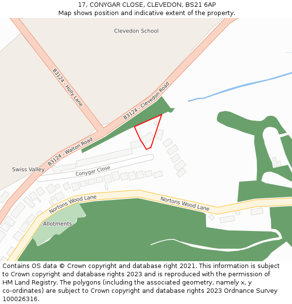 17, CONYGAR CLOSE, CLEVEDON, BS21 6AP: Location map and indicative extent of plot