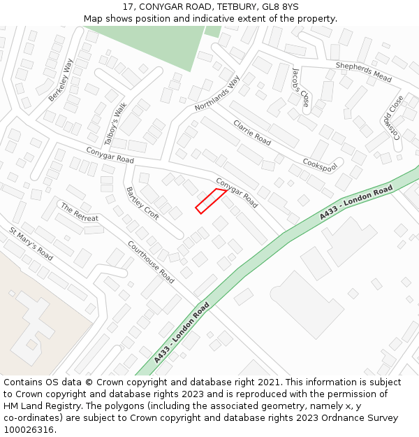 17, CONYGAR ROAD, TETBURY, GL8 8YS: Location map and indicative extent of plot