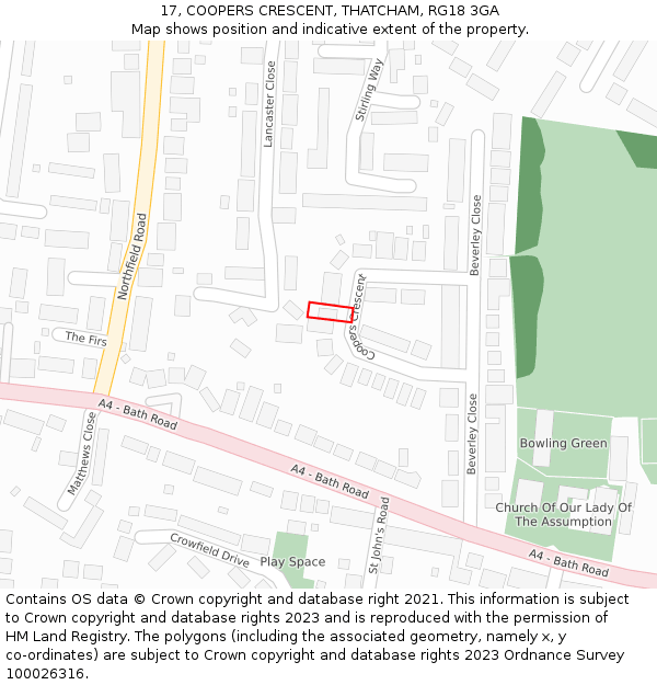 17, COOPERS CRESCENT, THATCHAM, RG18 3GA: Location map and indicative extent of plot