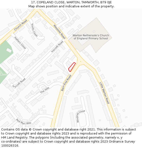 17, COPELAND CLOSE, WARTON, TAMWORTH, B79 0JE: Location map and indicative extent of plot