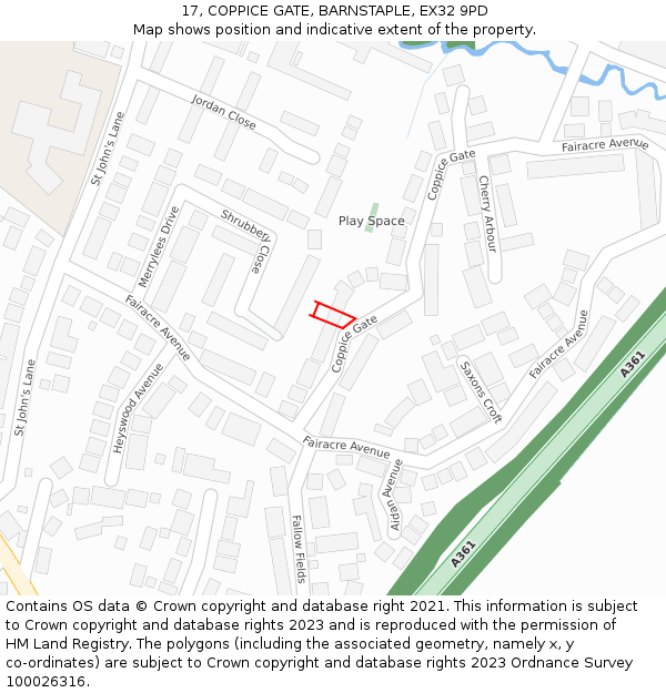 17, COPPICE GATE, BARNSTAPLE, EX32 9PD: Location map and indicative extent of plot