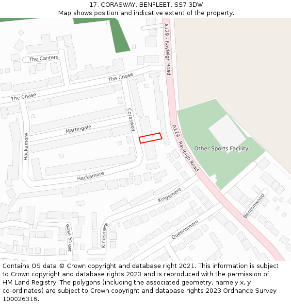 17, CORASWAY, BENFLEET, SS7 3DW: Location map and indicative extent of plot