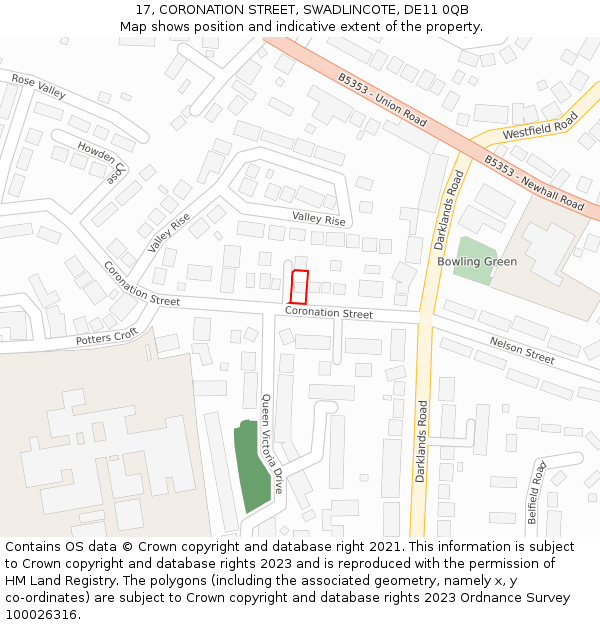 17, CORONATION STREET, SWADLINCOTE, DE11 0QB: Location map and indicative extent of plot