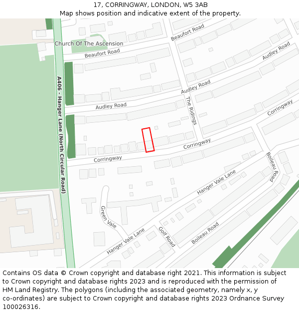17, CORRINGWAY, LONDON, W5 3AB: Location map and indicative extent of plot