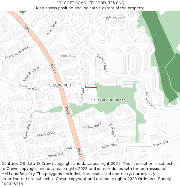 17, COTE ROAD, TELFORD, TF5 0NQ: Location map and indicative extent of plot