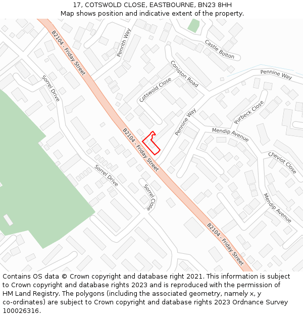 17, COTSWOLD CLOSE, EASTBOURNE, BN23 8HH: Location map and indicative extent of plot