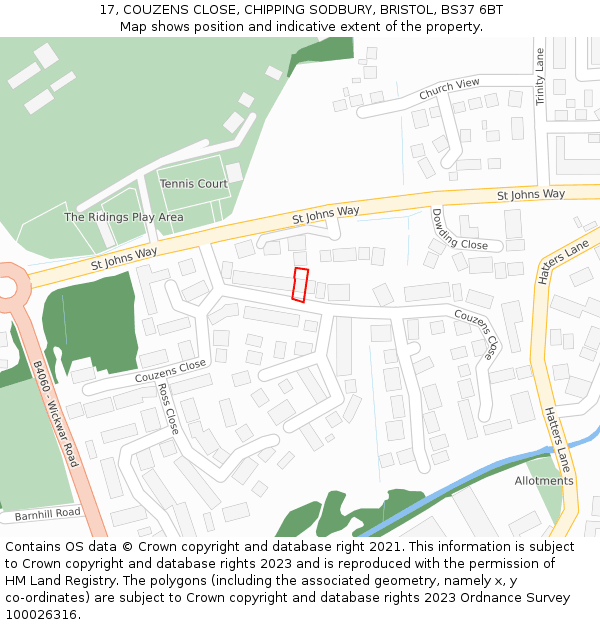 17, COUZENS CLOSE, CHIPPING SODBURY, BRISTOL, BS37 6BT: Location map and indicative extent of plot