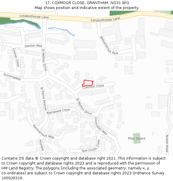 17, COXMOOR CLOSE, GRANTHAM, NG31 9FG: Location map and indicative extent of plot