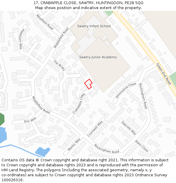 17, CRABAPPLE CLOSE, SAWTRY, HUNTINGDON, PE28 5QG: Location map and indicative extent of plot