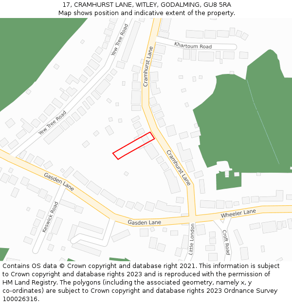 17, CRAMHURST LANE, WITLEY, GODALMING, GU8 5RA: Location map and indicative extent of plot