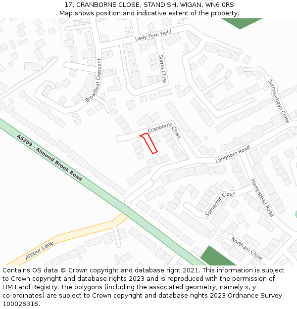 17, CRANBORNE CLOSE, STANDISH, WIGAN, WN6 0RS: Location map and indicative extent of plot