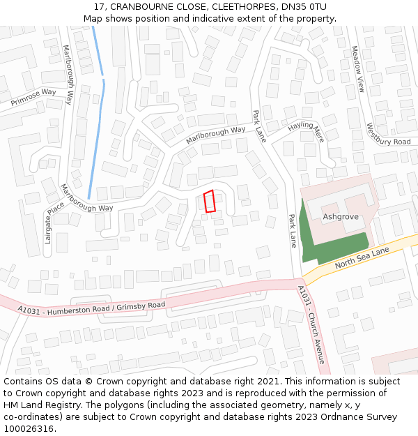 17, CRANBOURNE CLOSE, CLEETHORPES, DN35 0TU: Location map and indicative extent of plot