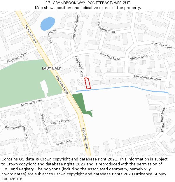 17, CRANBROOK WAY, PONTEFRACT, WF8 2UT: Location map and indicative extent of plot