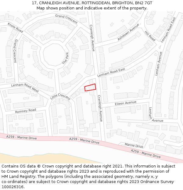 17, CRANLEIGH AVENUE, ROTTINGDEAN, BRIGHTON, BN2 7GT: Location map and indicative extent of plot