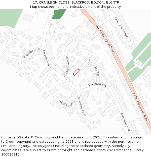 17, CRANLEIGH CLOSE, BLACKROD, BOLTON, BL6 5TP: Location map and indicative extent of plot