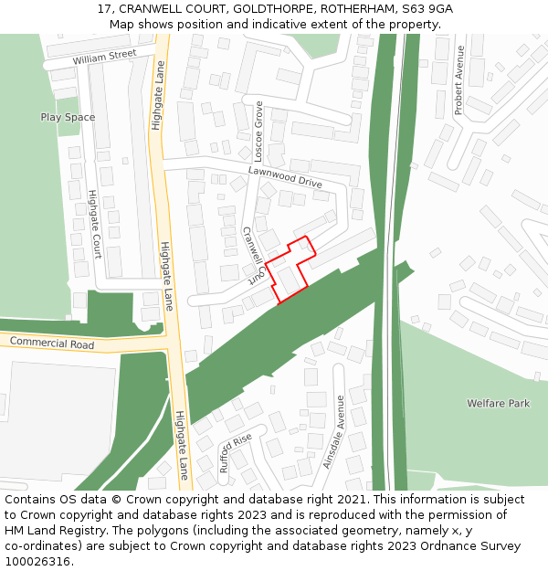 17, CRANWELL COURT, GOLDTHORPE, ROTHERHAM, S63 9GA: Location map and indicative extent of plot