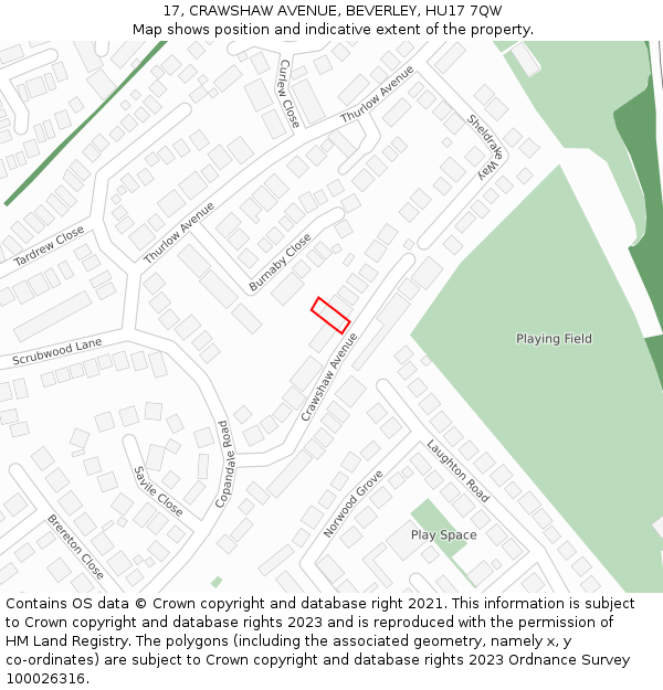 17, CRAWSHAW AVENUE, BEVERLEY, HU17 7QW: Location map and indicative extent of plot