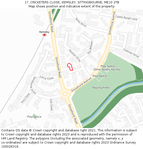 17, CRICKETERS CLOSE, KEMSLEY, SITTINGBOURNE, ME10 2TB: Location map and indicative extent of plot