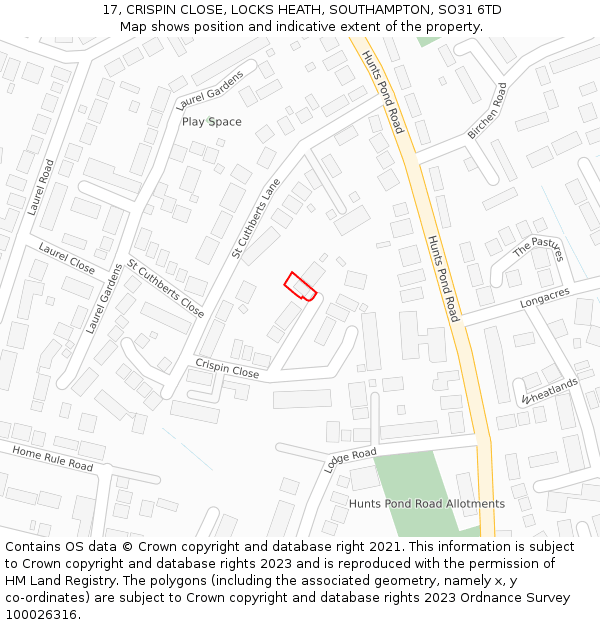 17, CRISPIN CLOSE, LOCKS HEATH, SOUTHAMPTON, SO31 6TD: Location map and indicative extent of plot