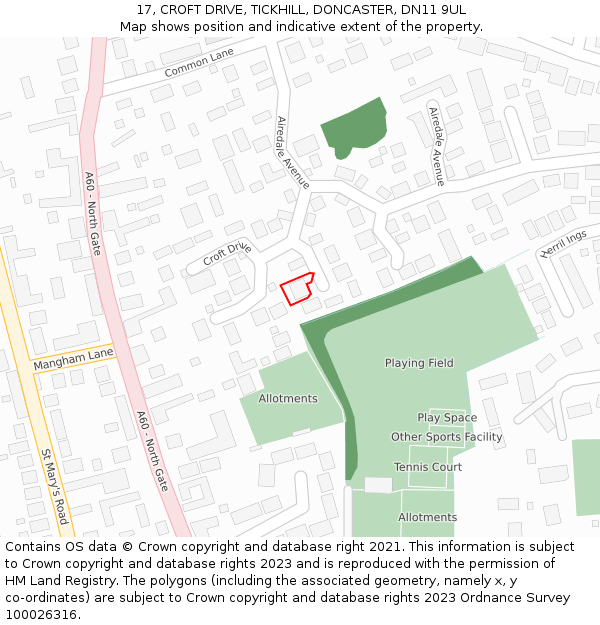 17, CROFT DRIVE, TICKHILL, DONCASTER, DN11 9UL: Location map and indicative extent of plot