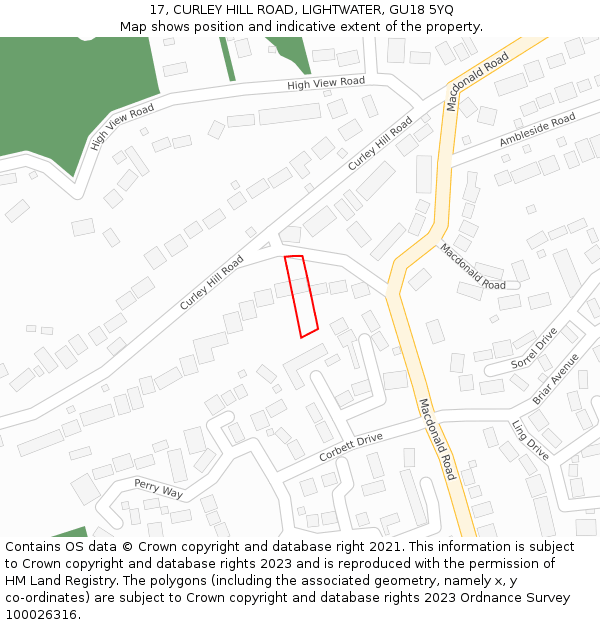 17, CURLEY HILL ROAD, LIGHTWATER, GU18 5YQ: Location map and indicative extent of plot