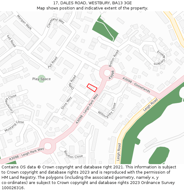 17, DALES ROAD, WESTBURY, BA13 3GE: Location map and indicative extent of plot