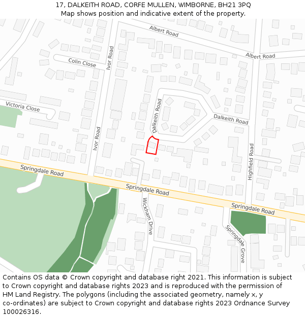 17, DALKEITH ROAD, CORFE MULLEN, WIMBORNE, BH21 3PQ: Location map and indicative extent of plot