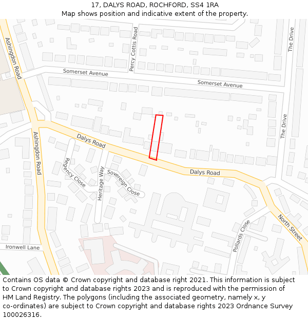17, DALYS ROAD, ROCHFORD, SS4 1RA: Location map and indicative extent of plot