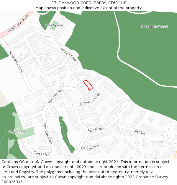 17, DANNOG Y COED, BARRY, CF63 1HF: Location map and indicative extent of plot