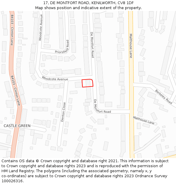 17, DE MONTFORT ROAD, KENILWORTH, CV8 1DF: Location map and indicative extent of plot