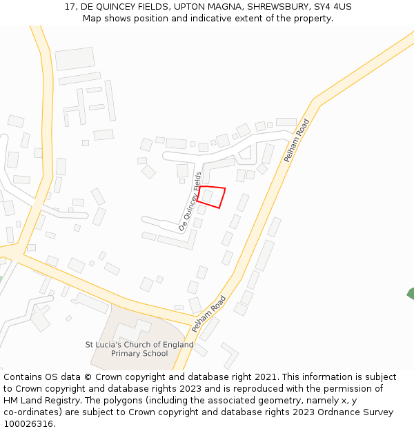17, DE QUINCEY FIELDS, UPTON MAGNA, SHREWSBURY, SY4 4US: Location map and indicative extent of plot