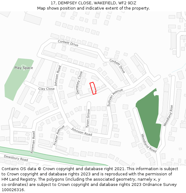 17, DEMPSEY CLOSE, WAKEFIELD, WF2 9DZ: Location map and indicative extent of plot