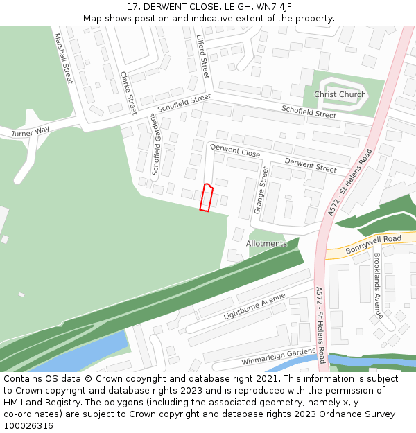 17, DERWENT CLOSE, LEIGH, WN7 4JF: Location map and indicative extent of plot