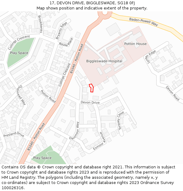 17, DEVON DRIVE, BIGGLESWADE, SG18 0FJ: Location map and indicative extent of plot