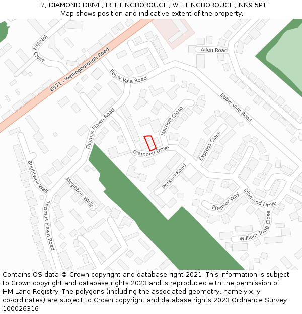 17, DIAMOND DRIVE, IRTHLINGBOROUGH, WELLINGBOROUGH, NN9 5PT: Location map and indicative extent of plot