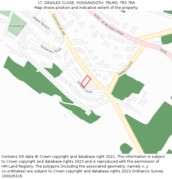 17, DINGLES CLOSE, PONSANOOTH, TRURO, TR3 7RA: Location map and indicative extent of plot