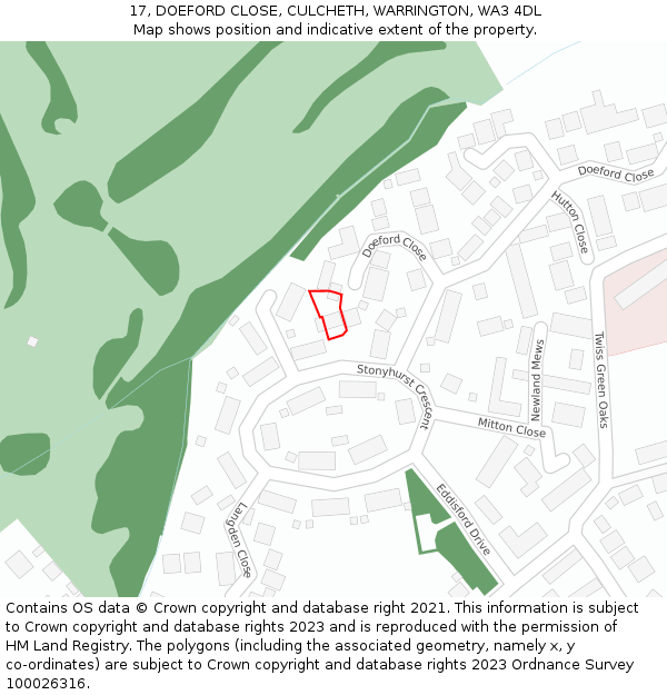 17, DOEFORD CLOSE, CULCHETH, WARRINGTON, WA3 4DL: Location map and indicative extent of plot