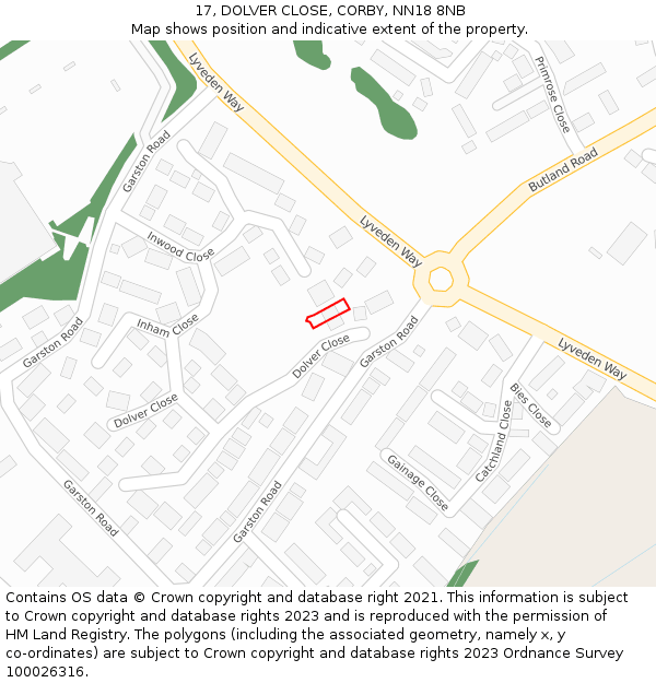 17, DOLVER CLOSE, CORBY, NN18 8NB: Location map and indicative extent of plot