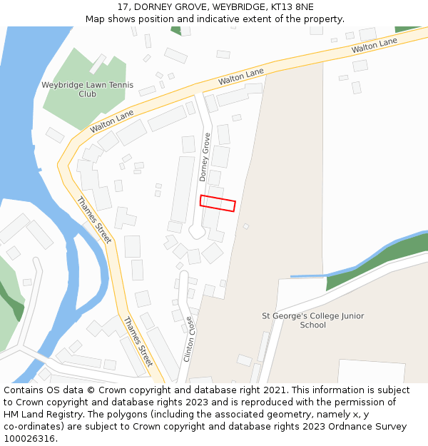 17, DORNEY GROVE, WEYBRIDGE, KT13 8NE: Location map and indicative extent of plot